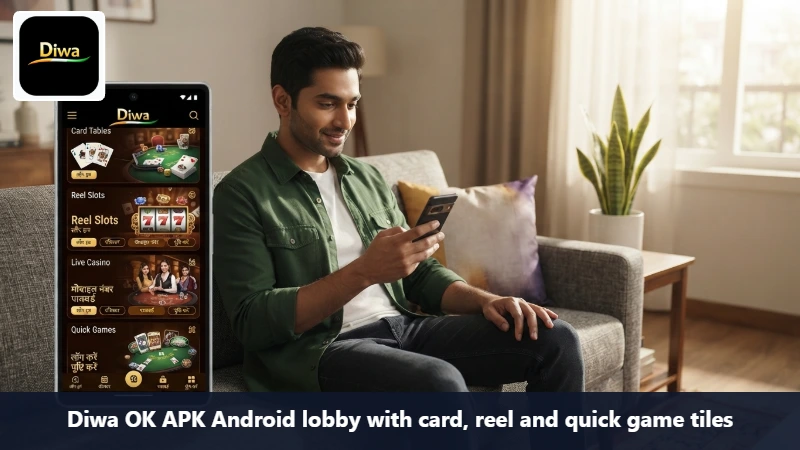 Diwa OK APK Android lobby with card, reel and quick game tiles